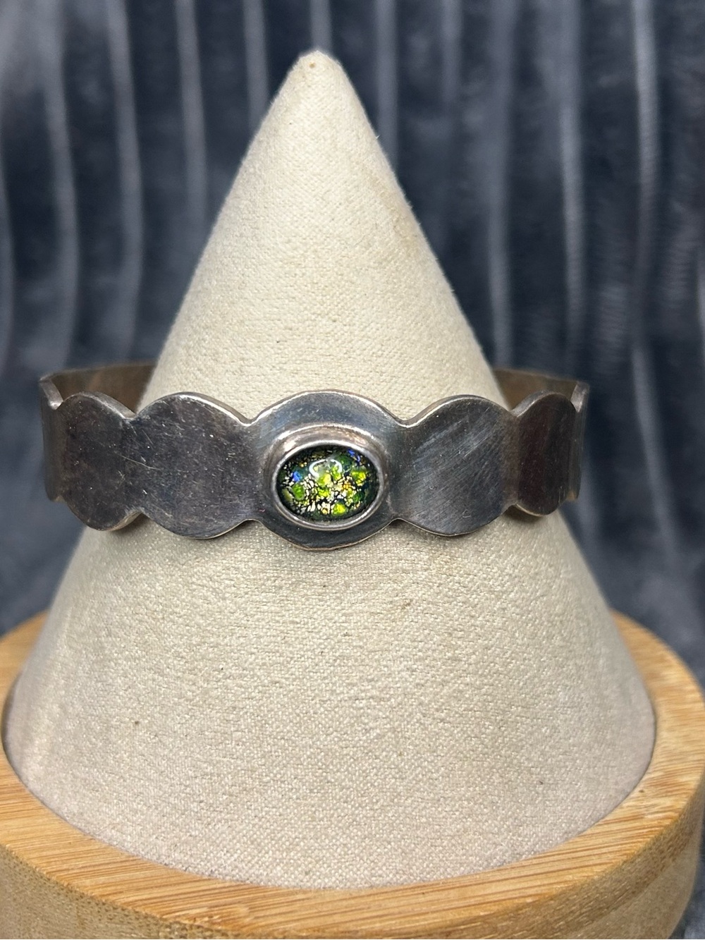 Stamped Silver Cuff Bracelet with Iridescent Stone Accent